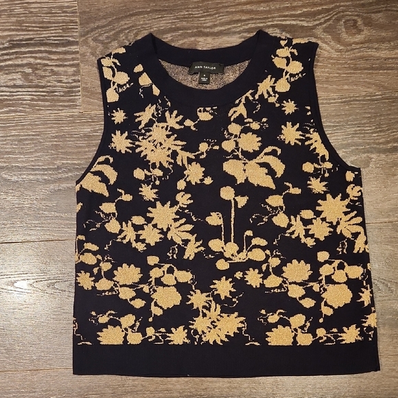 ❤️ ANN TAYLOR NAVY GOLD JACQUARD FLORAL SLEEVELESS SWEATER TOP, MEDIUM - Picture 2 of 8